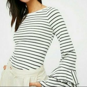 Free People Good Find Grey Striped Bell Sleeve Ribbed Top